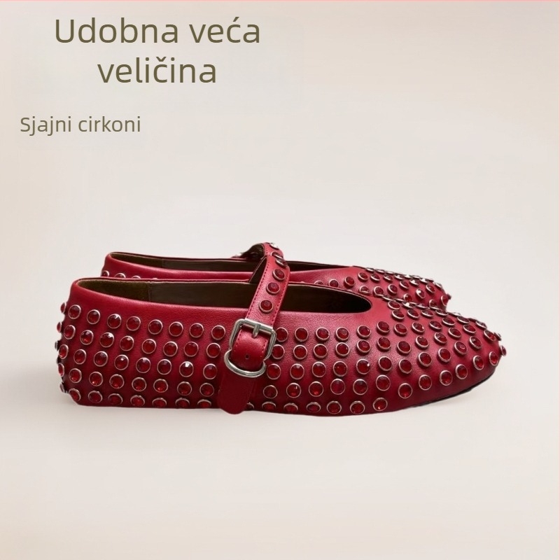 Ženske cipele sa kristalima, zaobljeni vrh, niski pet, PU gornji dio, kopča remena