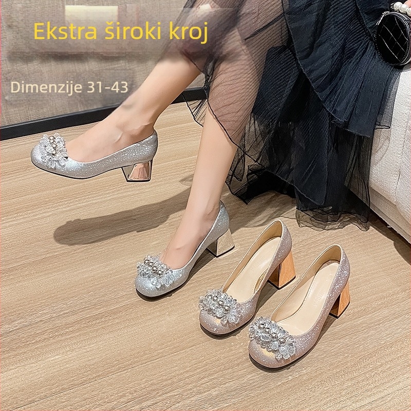 Cipele Mary Jane za vjenčanje — gornji dio s glitterom, zaobljeni vrh, niski debeli pet, gumeni potplat, unutrašnjost od mikrovlakana