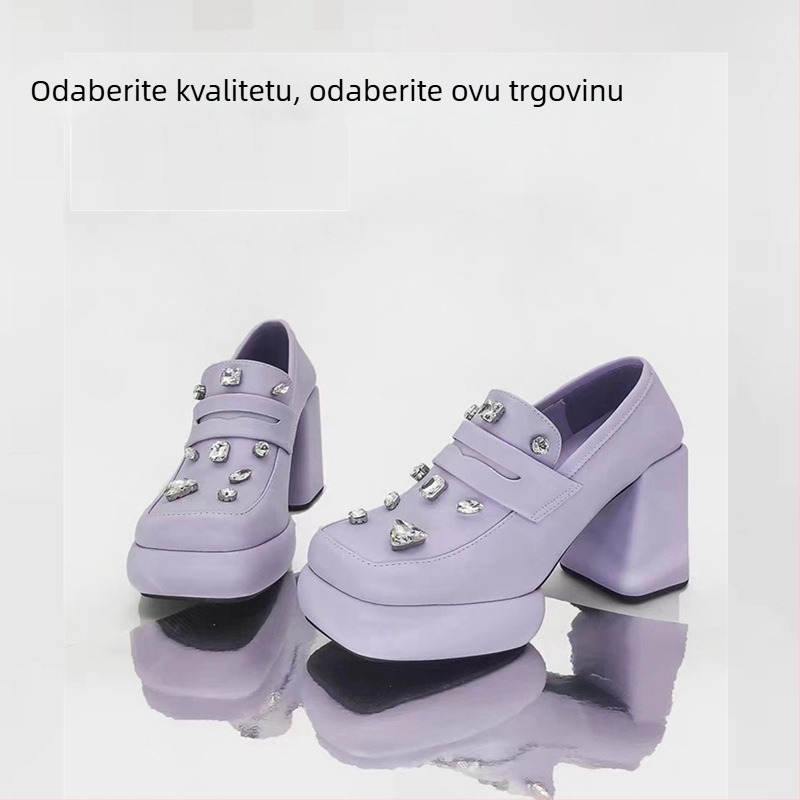 Ženske kožne loaferice s gornjim dijelom od teleće kože, kvadratni vrh, 6–8 cm debeli blok-tok, gumeni potplat, podstava od ovčje kože
