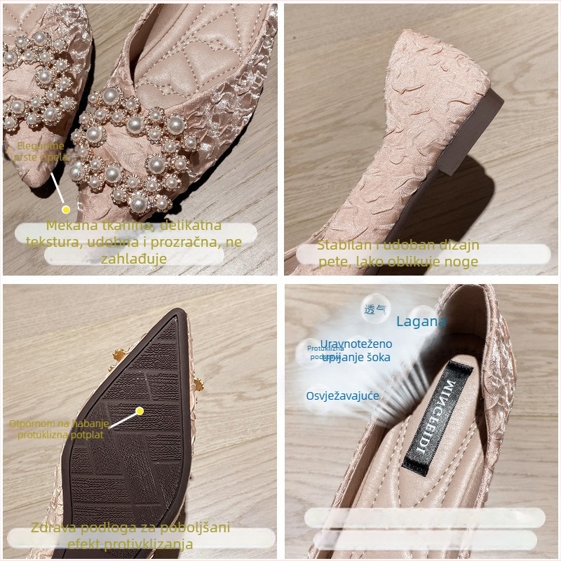 Ženske cipele s oštrim vrhom i ravnom potplatom, rhinestone ukras, gornji dio od mikrovlakana, PU uložak, potplat od telećeg tetiva, niski potpetica 1–3 cm