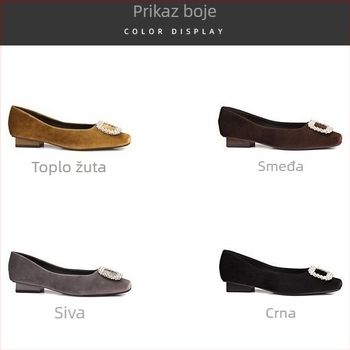 Ženske balerinke s niskom petom i kvadratnom kopčom od baršuna | prst: kvadratičan; visina potpetice: 3–6 cm; unutarnji materijal: janjeća koža; ulošak: prirodna koža; gaz: guma