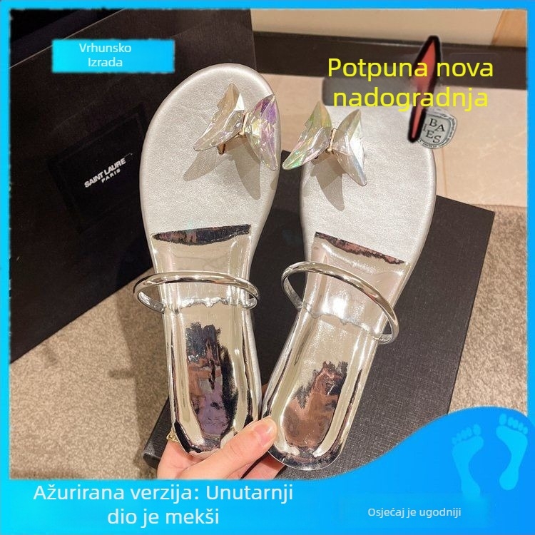 Ploške sandale za plažu s kristalnim ukrasima, PU gornji dio, gumena potplat, dizajn s razdvojenim prstom