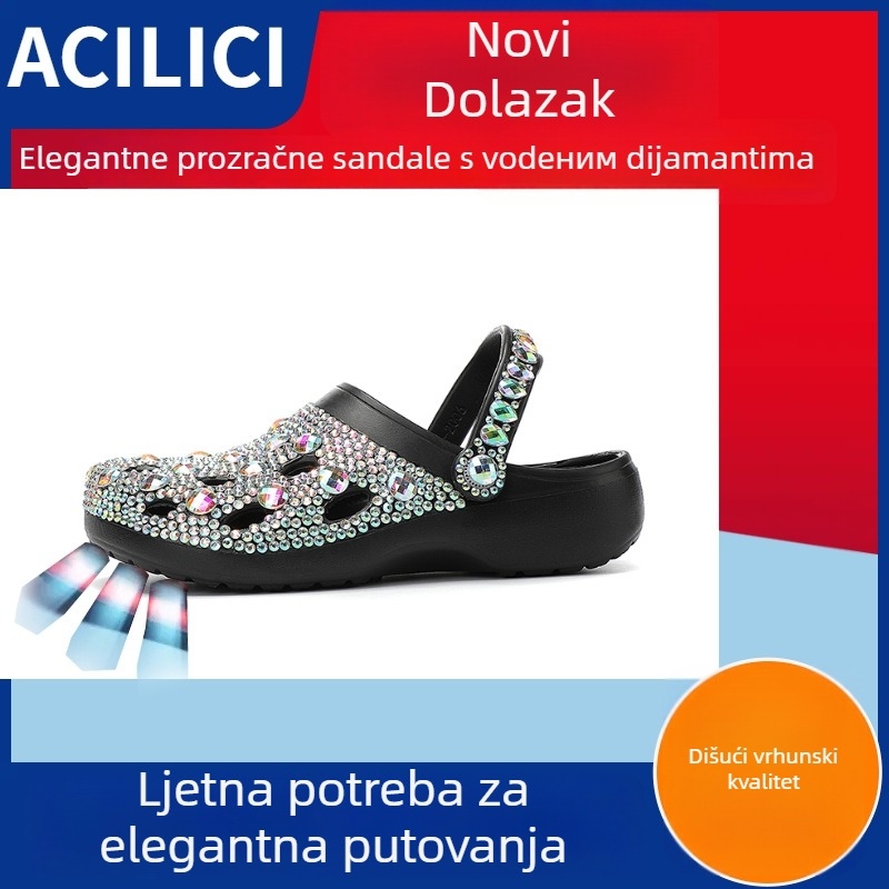 Ženske sandale s rhinestones i perforiranim gornjim dijelom, debela EVA potplata 1–2 cm, vodootporne i protuklizne, potplat ubrizgavanjem