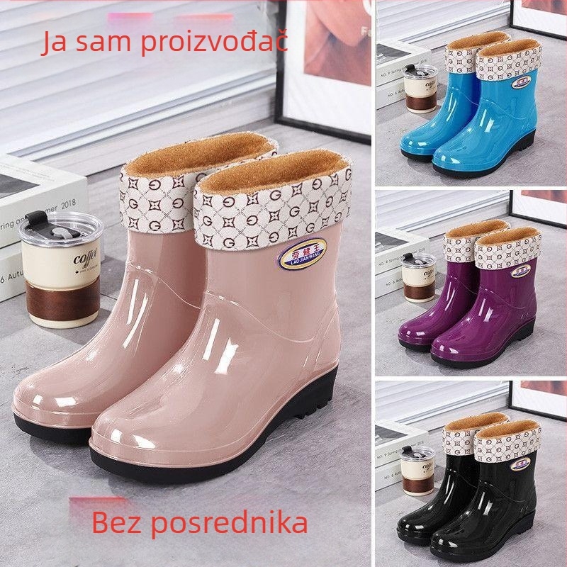 Ženske čizme za kišu srednje visine – debela potplata, gornji dio: PVC s telećom tetivom, vodootporne gume, bez brenda, izdanje 2025