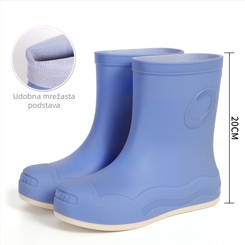 Ženske kišne čizme srednje visine, PVC gornji dio, niski pet 1–3 cm, zatvaranje manžetom, vodootporne