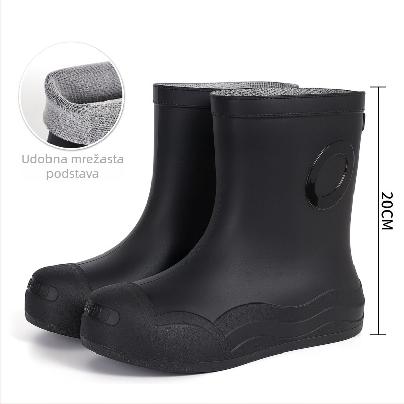 Ženske kišne čizme srednje visine, PVC gornji dio, niski pet 1–3 cm, zatvaranje manžetom, vodootporne