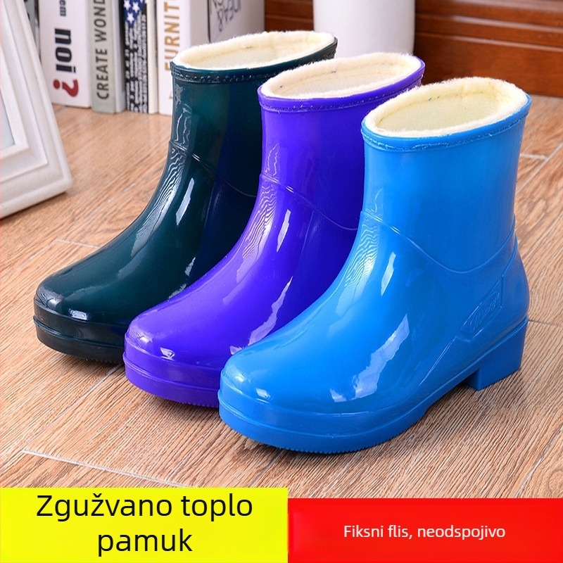 Ženske vodootporne čizme za kišu – fleece podstava, kratka visina, niski pet 1–3 cm, plastični gornji dio