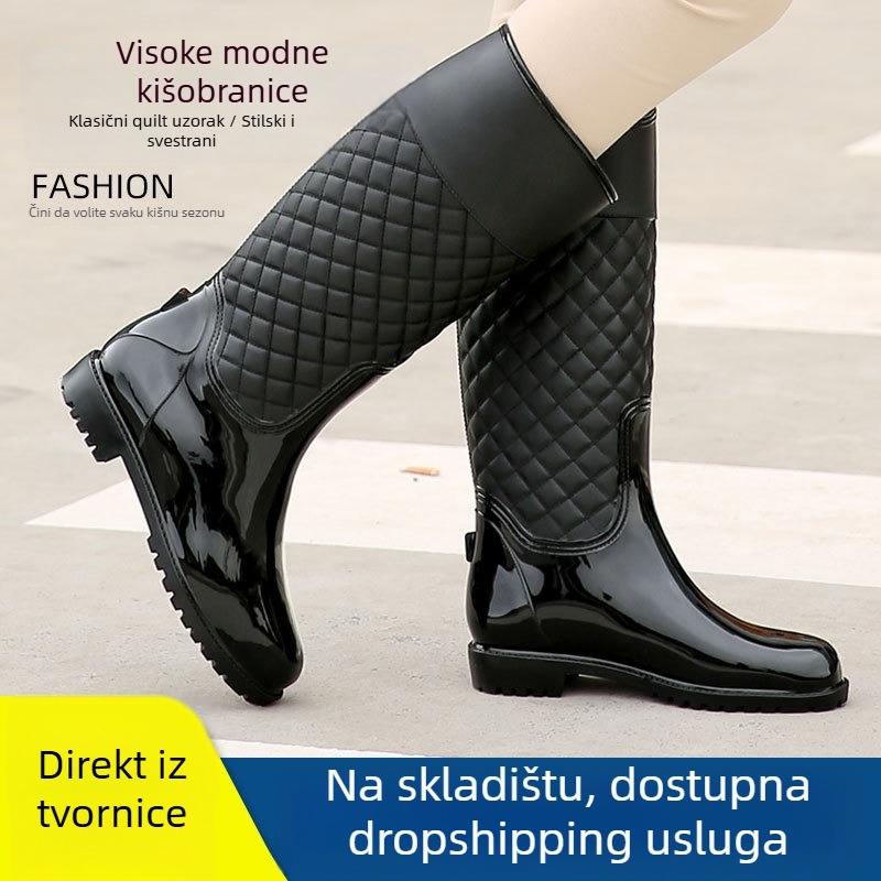 Ženske visoke čizme za kišu s kockastim uzorkom, PVC gornji dio, srednji pet 3-5 cm, pogodne za četiri sezone