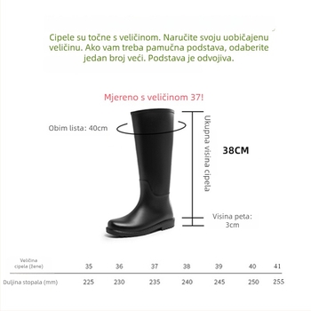 Ženske kišne čizme, visok nadkoljen dio, gornji dio od PVC-a, niska peta (1–3 cm), jednobojne, pogodne za sve sezone.