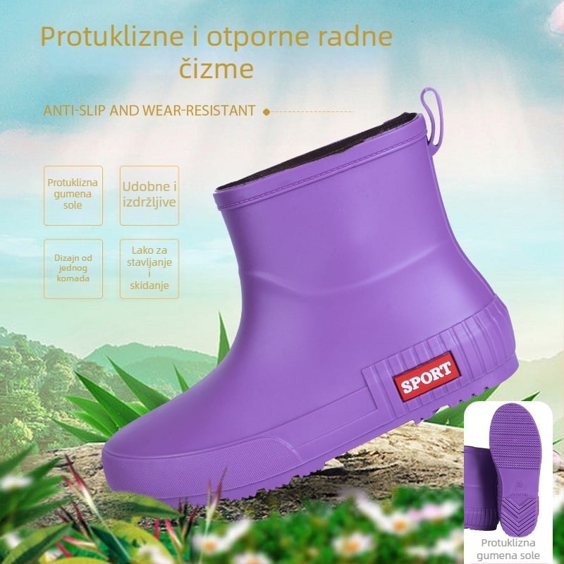 Ženske čizme za kišu - PVC gornji dio, srednja visina do potkoljenice, ravna peta, debela podloga, protuklizno – Male Heron