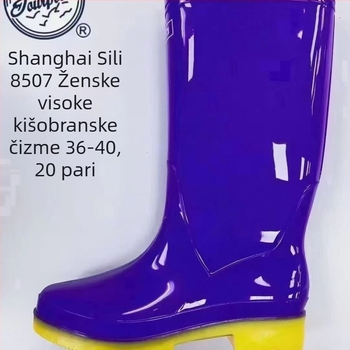 Ženske kišne čizme, PVC gornji dio, gumeni potplat, srednje visoka cijev, niska peta 1–3 cm, vodootporne i protuklizne