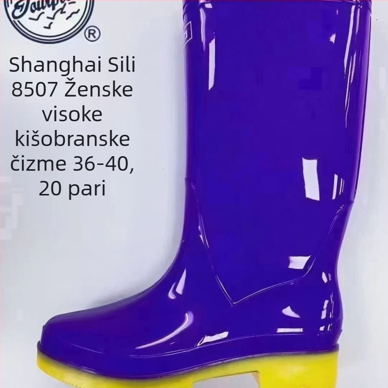 Ženske kišne čizme, PVC gornji dio, gumeni potplat, srednje visoka cijev, niska peta 1–3 cm, vodootporne i protuklizne