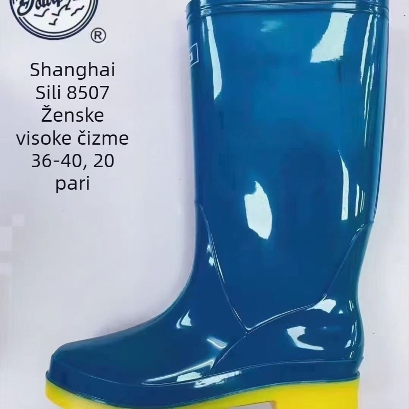 Ženske kišne čizme, PVC gornji dio, gumeni potplat, srednje visoka cijev, niska peta 1–3 cm, vodootporne i protuklizne