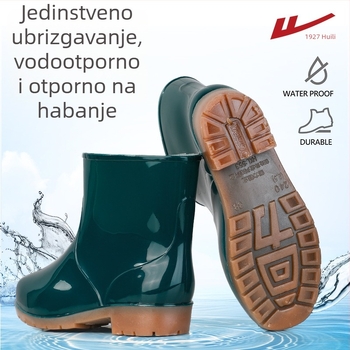 Ženske kišne čizme: vodootporne, protuklizne, PVC gornji dio, niski pet 1–3 cm