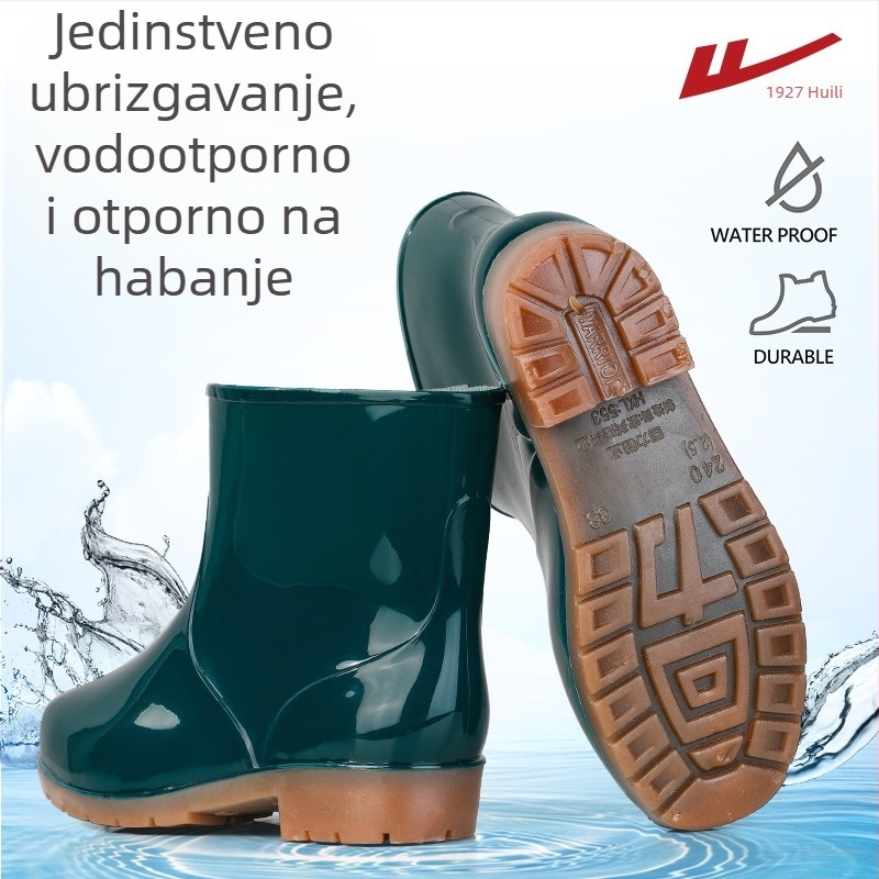 Ženske kišne čizme: vodootporne, protuklizne, PVC gornji dio, niski pet 1–3 cm