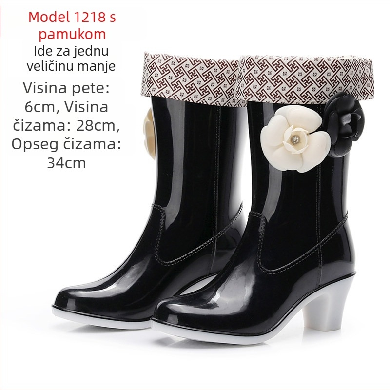 Ženske čizme za kišu s cvjetnim uzorkom, PVC gornji dio, srednja visina, visoka peta 6–8 cm