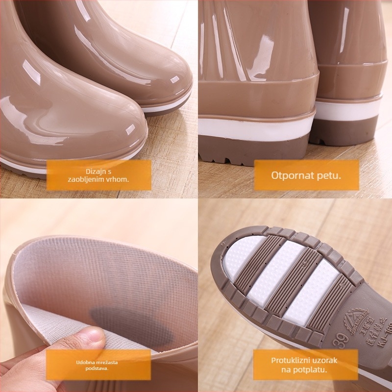 Ženske PVC čizme za kišu, korejskog stila, srednje visine, prugasti uzorak, vodootporne i protuklizne, niski potpetica 1–3 cm