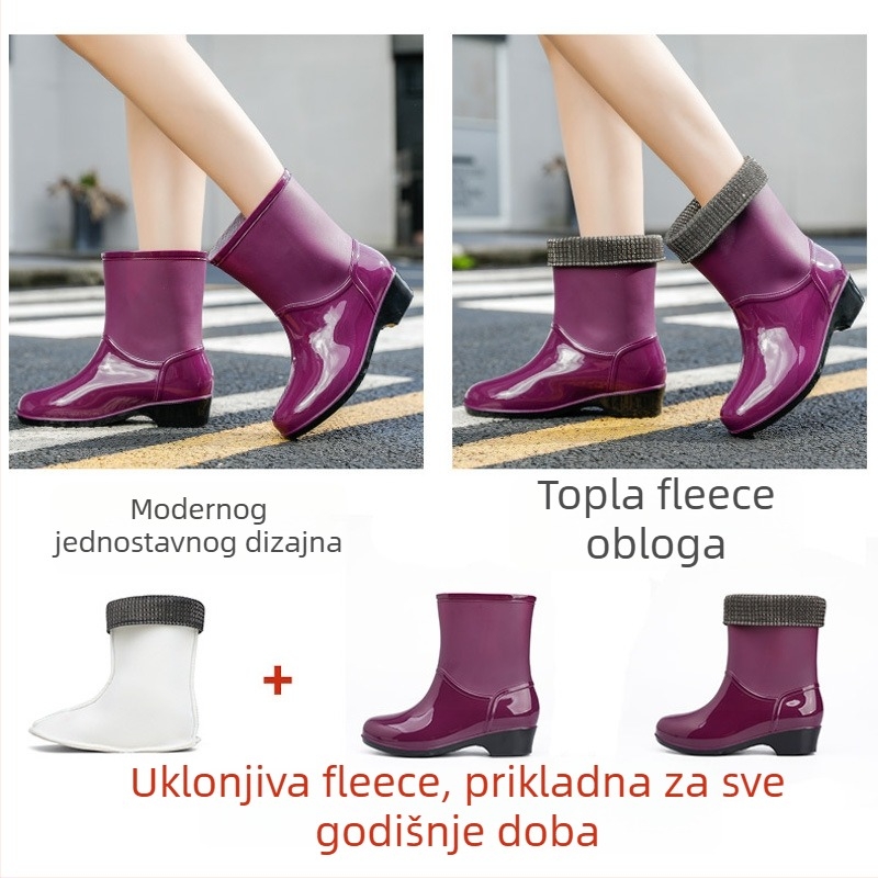 Ženske PVC čizme za kišu, srednje visine, zadebljane, vodootporne, ravna potpetica