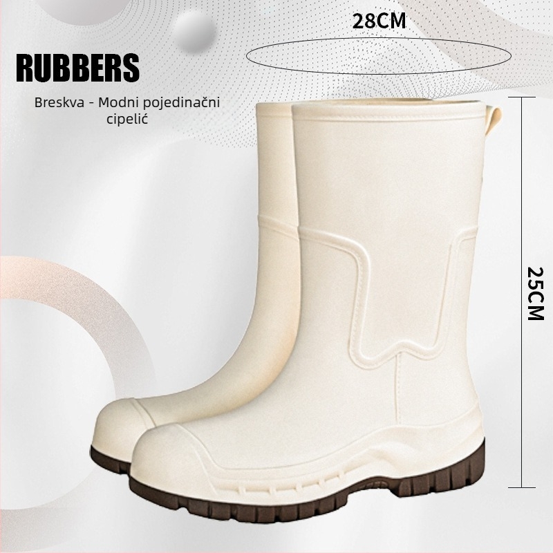 Gongli ženske cipele za kišu do srednje potkoljenice, vodootporne, PVC gornji dio, debeli potplat za povećanje visine, niski pet 1–3 cm, protuklizna silikon podloga, jednobojne