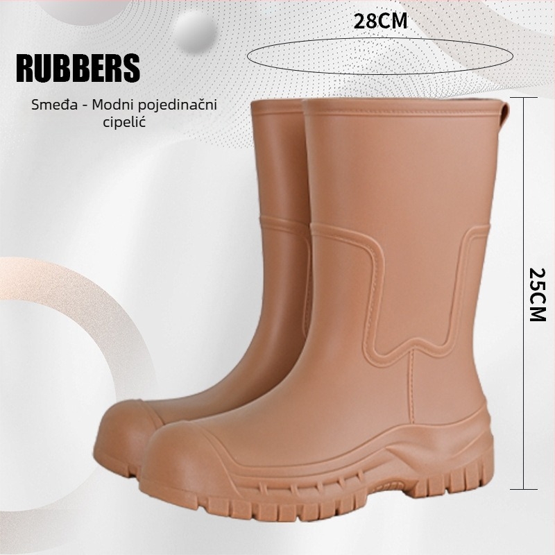 Gongli ženske cipele za kišu do srednje potkoljenice, vodootporne, PVC gornji dio, debeli potplat za povećanje visine, niski pet 1–3 cm, protuklizna silikon podloga, jednobojne