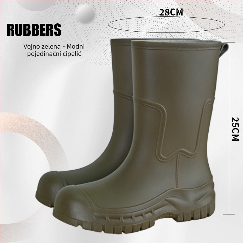 Gongli ženske cipele za kišu do srednje potkoljenice, vodootporne, PVC gornji dio, debeli potplat za povećanje visine, niski pet 1–3 cm, protuklizna silikon podloga, jednobojne