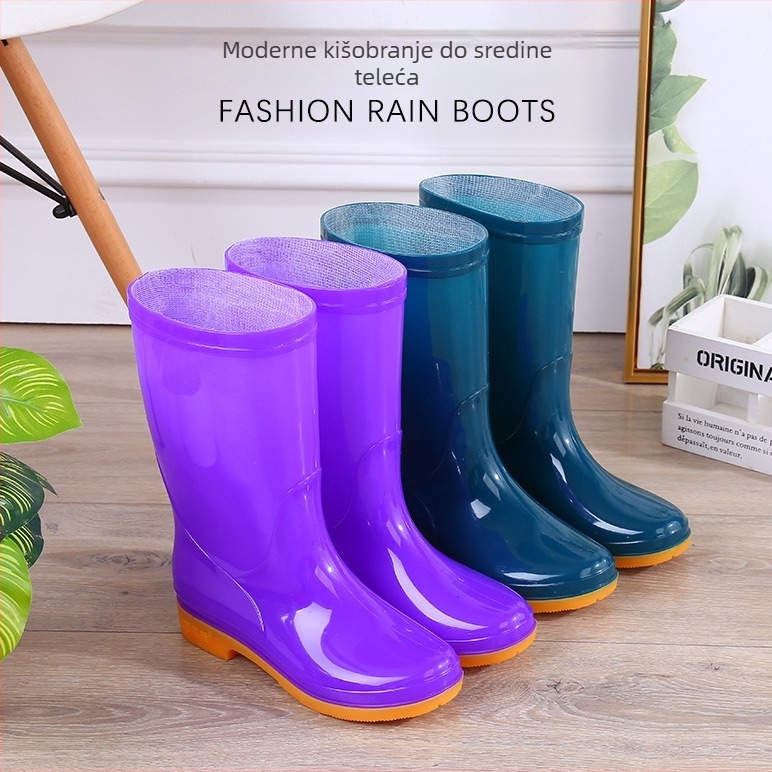 Ženske PVC čizme za kišu, srednje visine do potkoljenice, niski pet 1–3 cm, jednobojne, pogodne za sve sezone