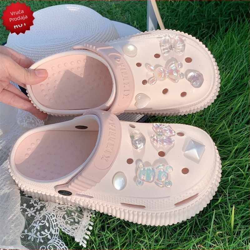 Ženske PVC perforirane sandale s kristalima u obliku medvjedića, crtani uzorak, protuklizna potplata