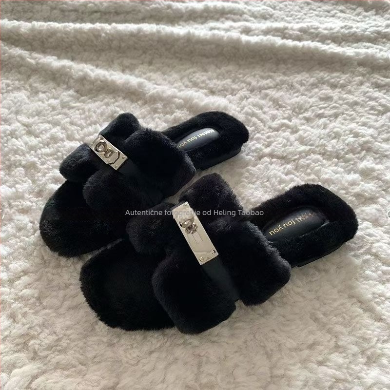 Ženske papuče od umjetne krznene, korejskog stila, gornji i podstava od umjetne krznene, gumeni potplat, slip-on