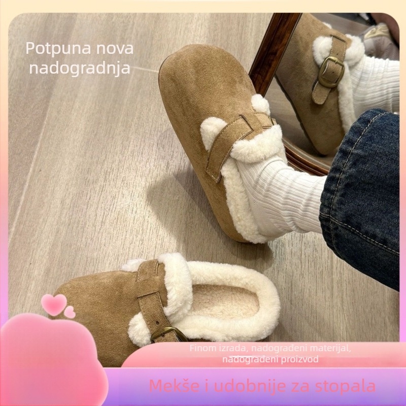 Ženske papuče u Birkenstock stilu sa debelim potplatom, velur gornji dio, kožna unutrašnjost, gumova potplat, protuklizne