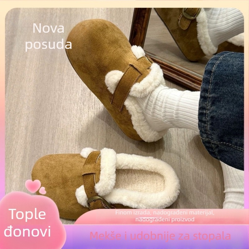 Ženske papuče u Birkenstock stilu sa debelim potplatom, velur gornji dio, kožna unutrašnjost, gumova potplat, protuklizne