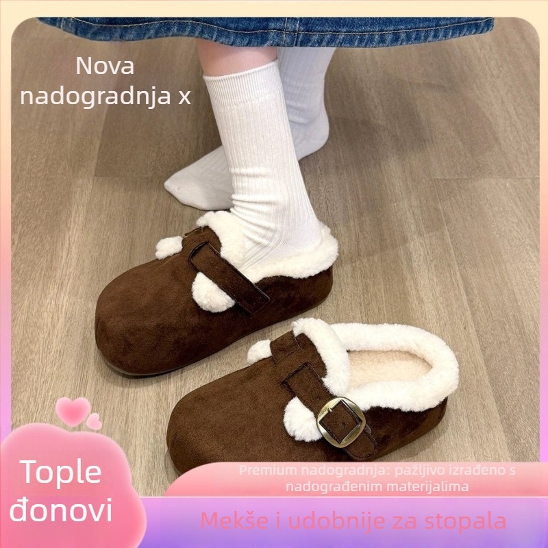 Ženske papuče u Birkenstock stilu sa debelim potplatom, velur gornji dio, kožna unutrašnjost, gumova potplat, protuklizne