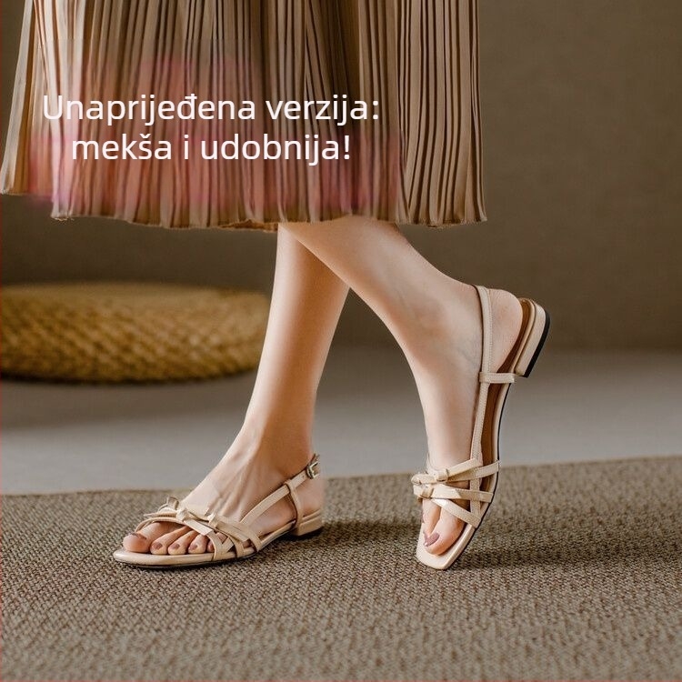 Ženske sandale s jednim remenom i mašnicom, kvadratni vrh, PU gornji dio, gumena potplat, kopča s jednim remenom, udobne