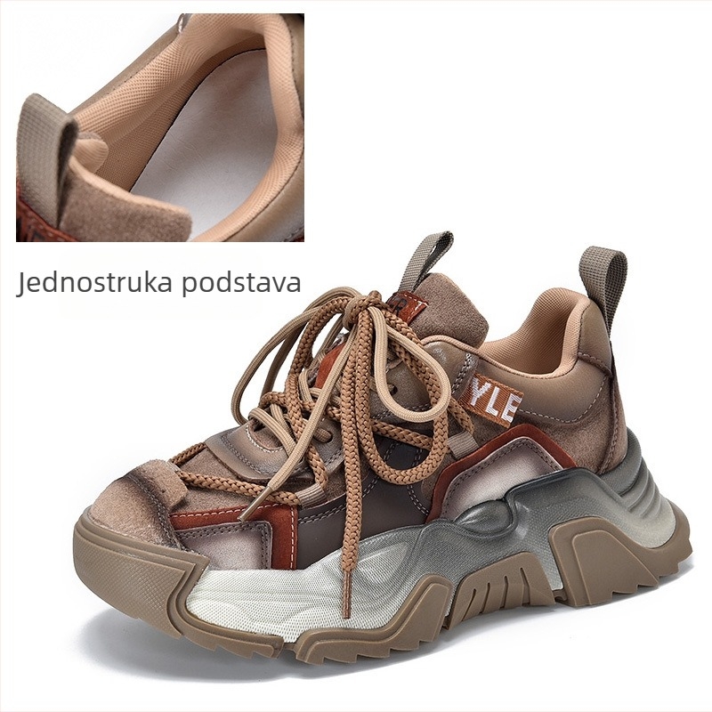 Ženske tenisice u stilu dad shoes, prirodna koža gornji dio, okrugli vrh, srednja peta 3–5 cm, TPR potplat, vezanje sprijeda