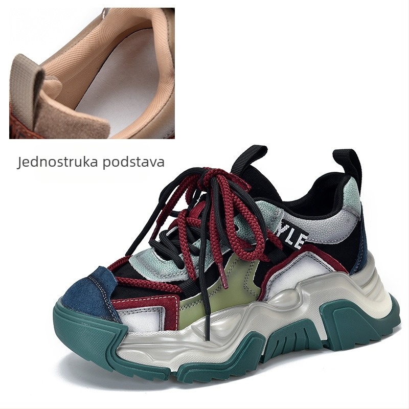 Ženske tenisice u stilu dad shoes, prirodna koža gornji dio, okrugli vrh, srednja peta 3–5 cm, TPR potplat, vezanje sprijeda