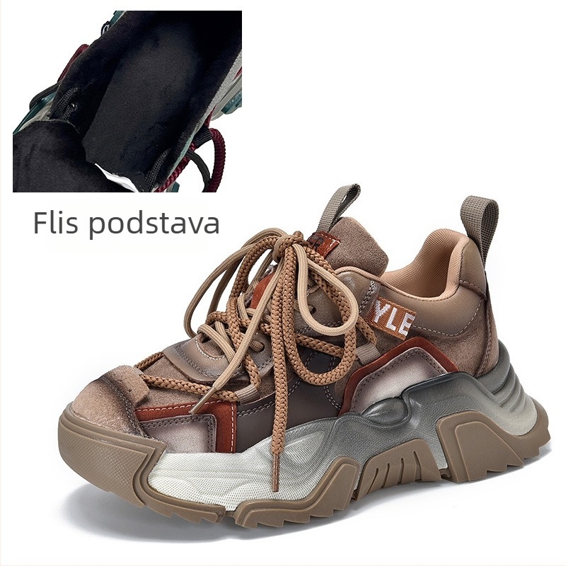 Ženske tenisice u stilu dad shoes, prirodna koža gornji dio, okrugli vrh, srednja peta 3–5 cm, TPR potplat, vezanje sprijeda