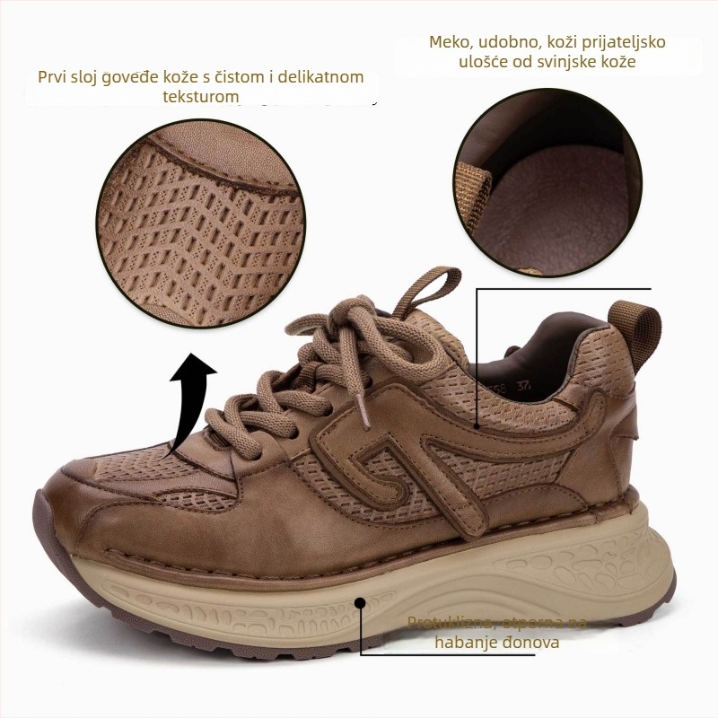 Ženske tenisice Dad Shoes od prave kože, s debelim potplatom 3-5 cm, vezanje, srednje visoko gornji dio, potplat s filmom za prijanjanje