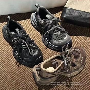 Ženske tenisice dad stila vintage – okrugli vrh, gumena potplata, vezanje, visina potplata 3–5 cm, jesen 2025
