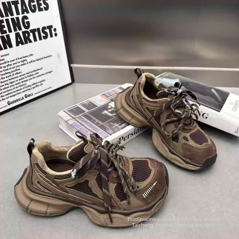 Ženske tenisice dad stila vintage – okrugli vrh, gumena potplata, vezanje, visina potplata 3–5 cm, jesen 2025