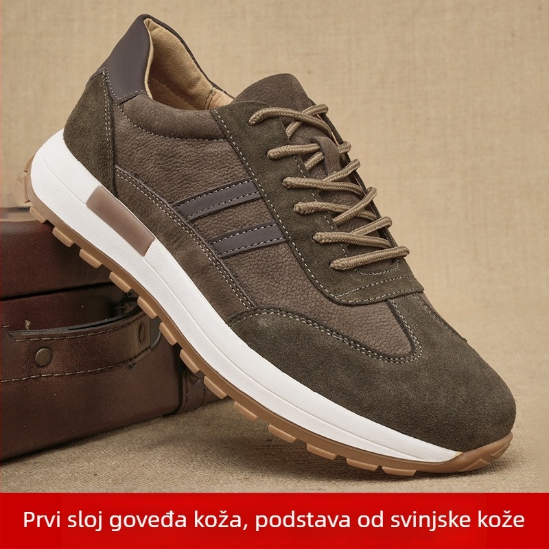 Muške casual kožne cipele, gornji dio od vrhunske teleće kože, gumena potplat, okrugli vrh, srednji peta 3–5 cm, jesen.