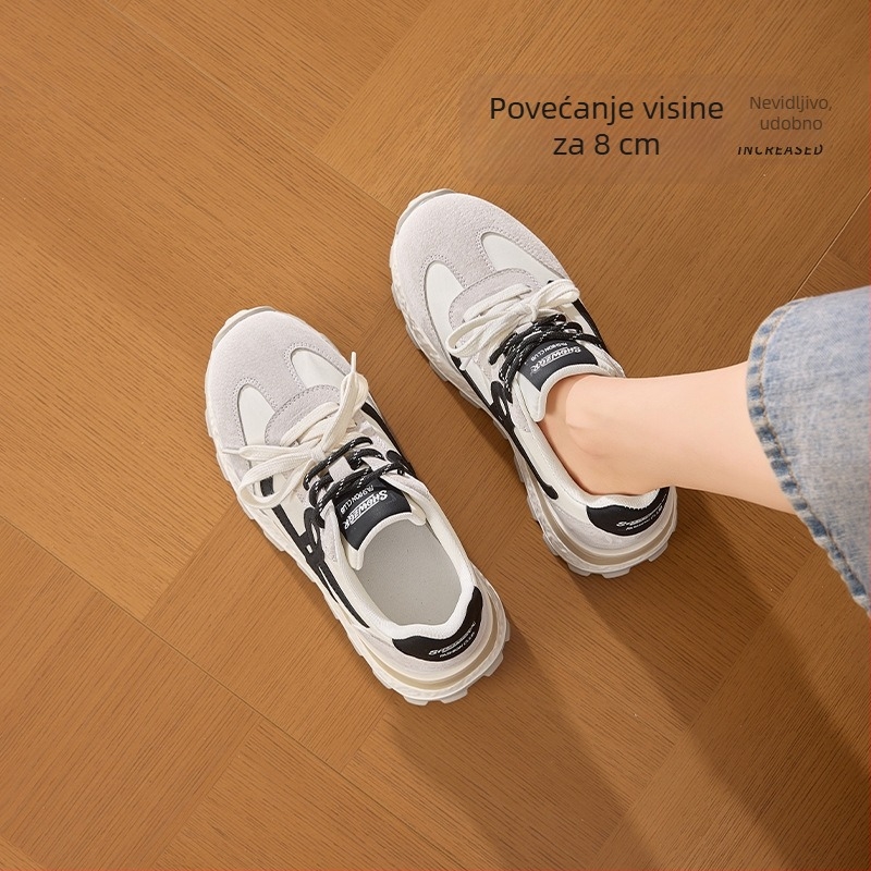 Ženske lagane retro tenisice za trening s povećanjem visine od 6–8 cm, fleece podstava, prozračna mrežasta unutarnja podstava, gumeni potplat, vezanje.