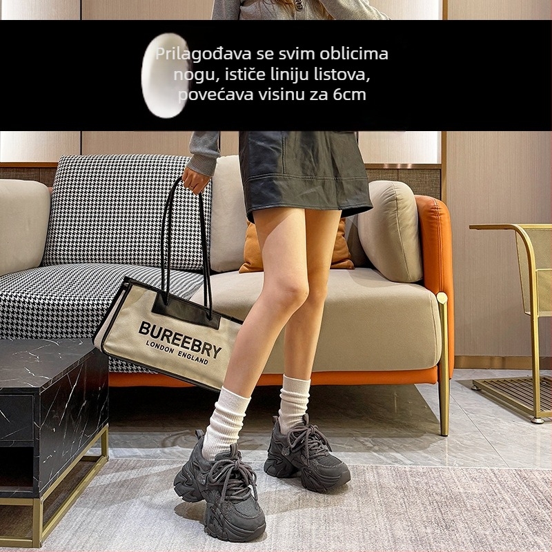 Ženske tenisice Dad Shoes s mid-top gornjim dijelom od kože krave + umjetne kože + tekstila, vezanje šnurkama, visina peta 6–8 cm