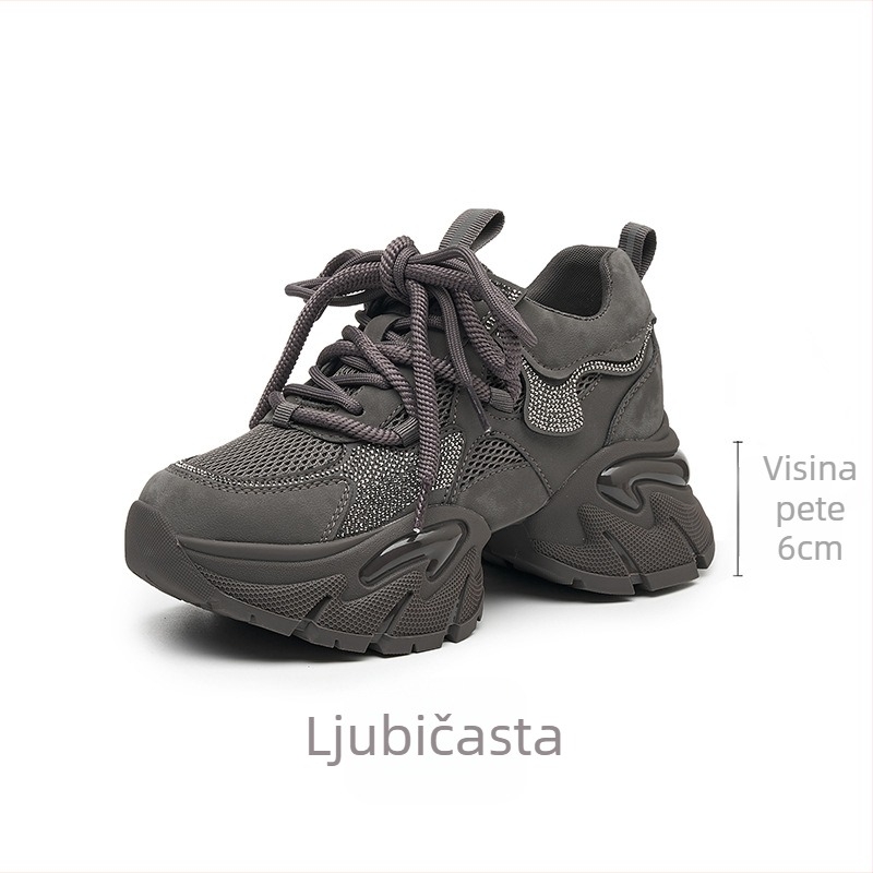 Ženske tenisice Dad Shoes s mid-top gornjim dijelom od kože krave + umjetne kože + tekstila, vezanje šnurkama, visina peta 6–8 cm