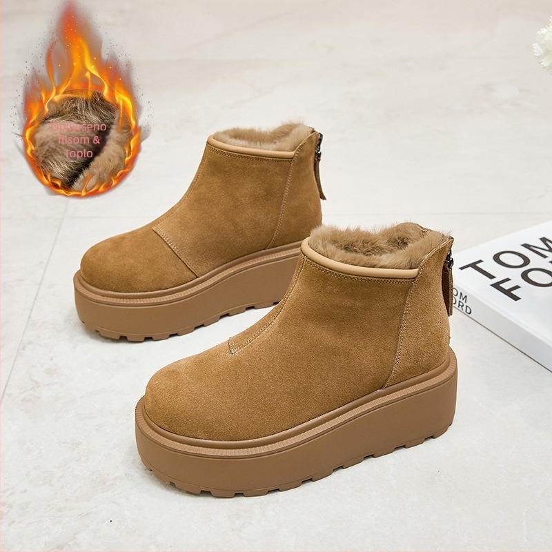 Ženske platforme od velura s vunenom podstavom, gumom, okruglim nosom, debelom platformom, zimski model