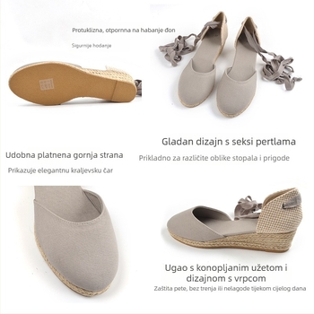 Sandale s remenčićima od platna, klinasti potpetica 3–5 cm, vezanje od konopljinog užeta, potplat TPR