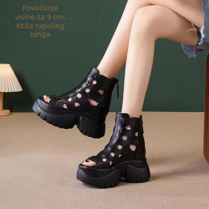 Ženske rimske sandale od prvokvalitetne teleće kože; nos prsta – riblja usta; zatvarač na stražnjoj strani; potplat: poliuretan; povećanje visine 9 cm