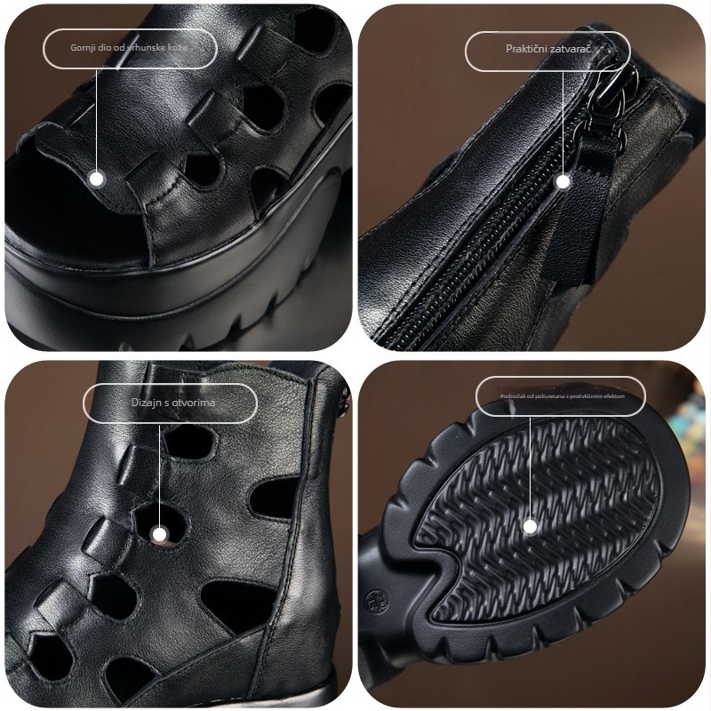 Ženske rimske sandale od prvokvalitetne teleće kože; nos prsta – riblja usta; zatvarač na stražnjoj strani; potplat: poliuretan; povećanje visine 9 cm