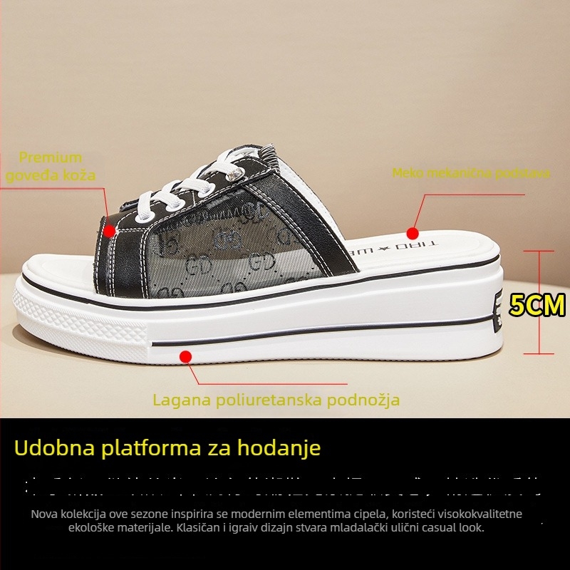 Žene papuče za vanjsku upotrebu s debelim potplatom, jedinstvenog oblika; gornji dio od kože goveđeg podrijetla, podstava od kože; povećanje visine, prozračne, lagane, protuklizne.