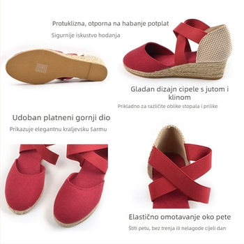 Ženske sandale na klinu s konopnim užetom, prozračna platnena gornja, okrugla vrh prsta, presijecani remeni, elastika, visina potplata 3–5 cm