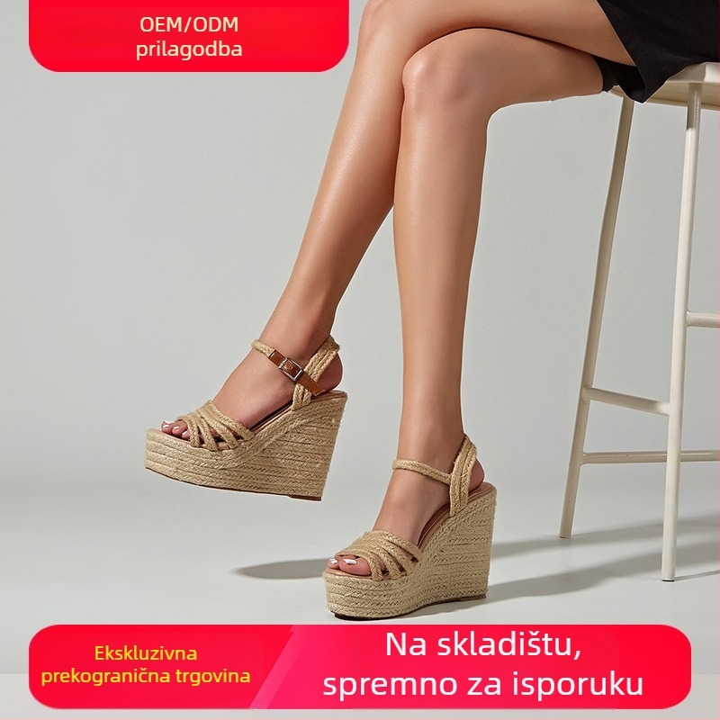 Rimske sandale s konopnim užetom, kopča, klinasti potplat, debeli đon (6–8 cm)