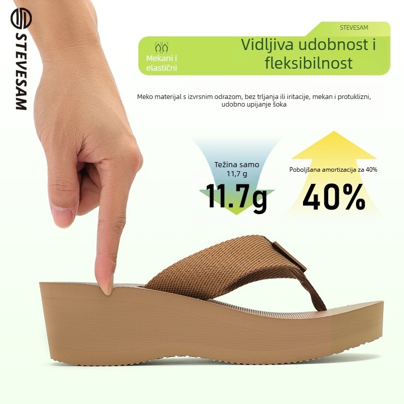 Ženske japanke s 6 cm debelom podlogom, klin 6–8 cm, PVC gornji dio, široka traka od tekstilne trake, protuklizna gumena podloga